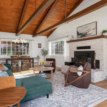 Yosemite Family Ranch living room with beamed ceiling